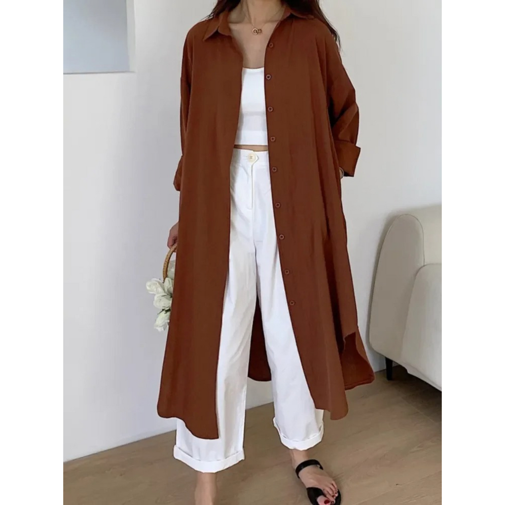 Women’s Elegant Midi Shirt Dress with Relaxed Fit and Button Closure