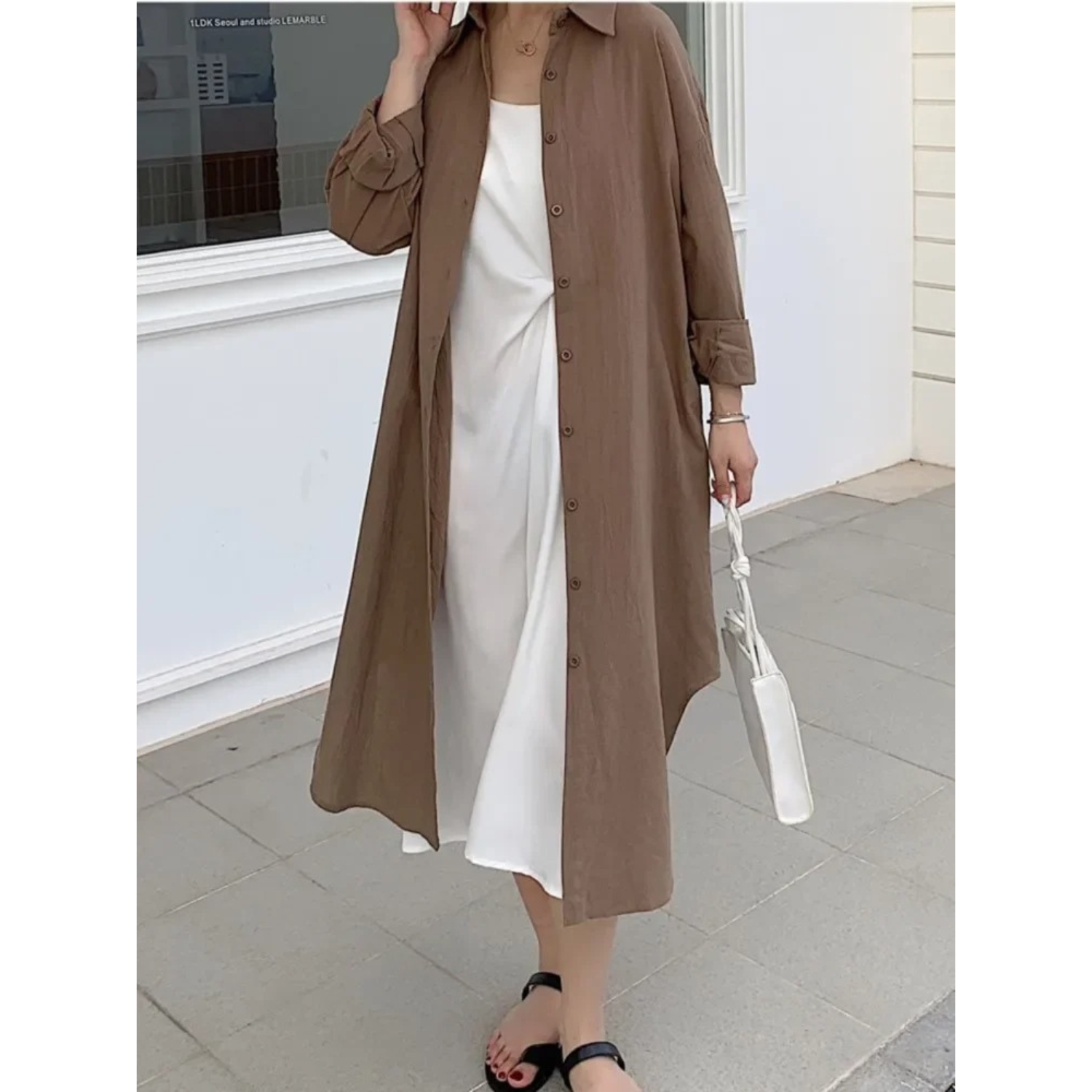 Women’s Elegant Midi Shirt Dress with Relaxed Fit and Button Closure