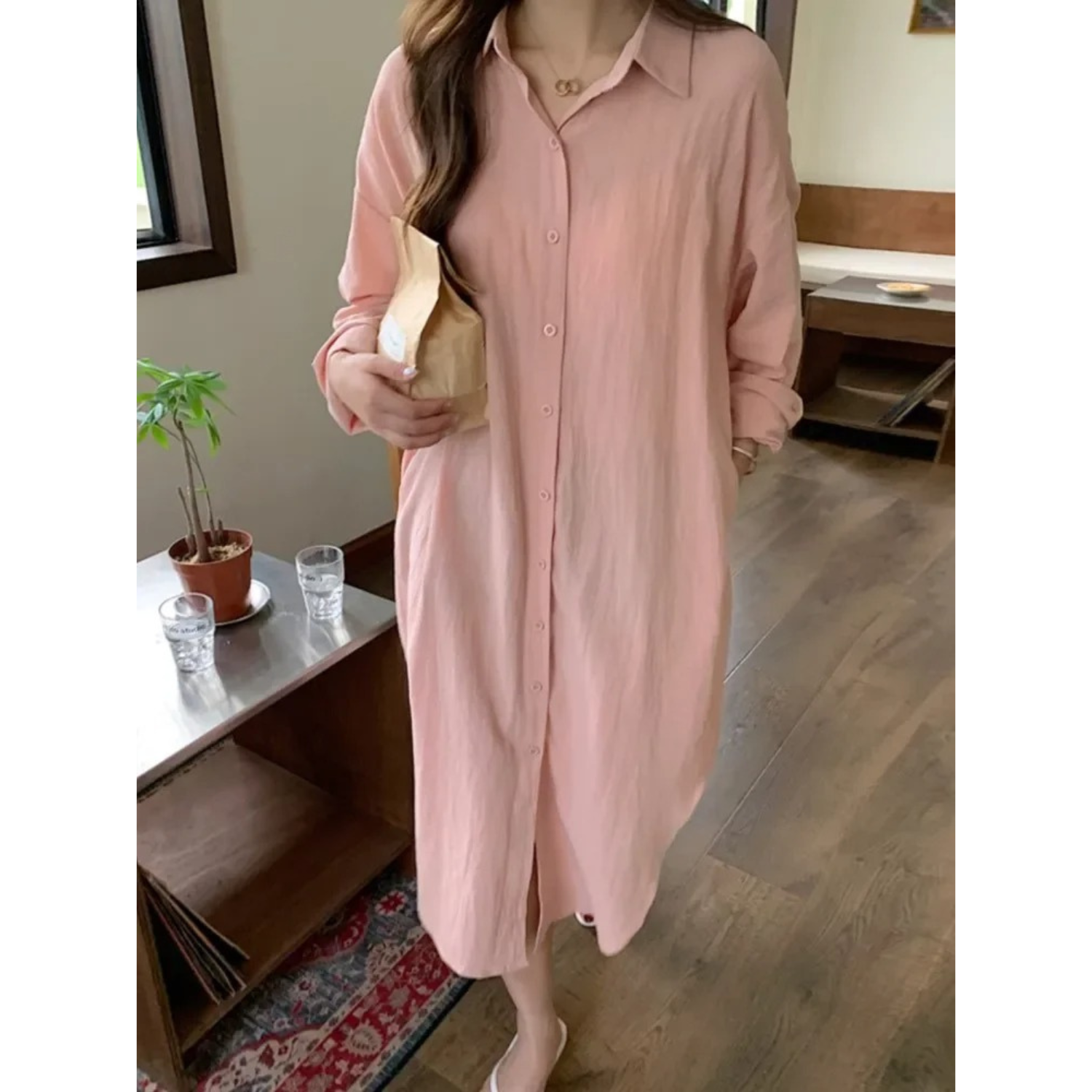 Women’s Elegant Midi Shirt Dress with Relaxed Fit and Button Closure