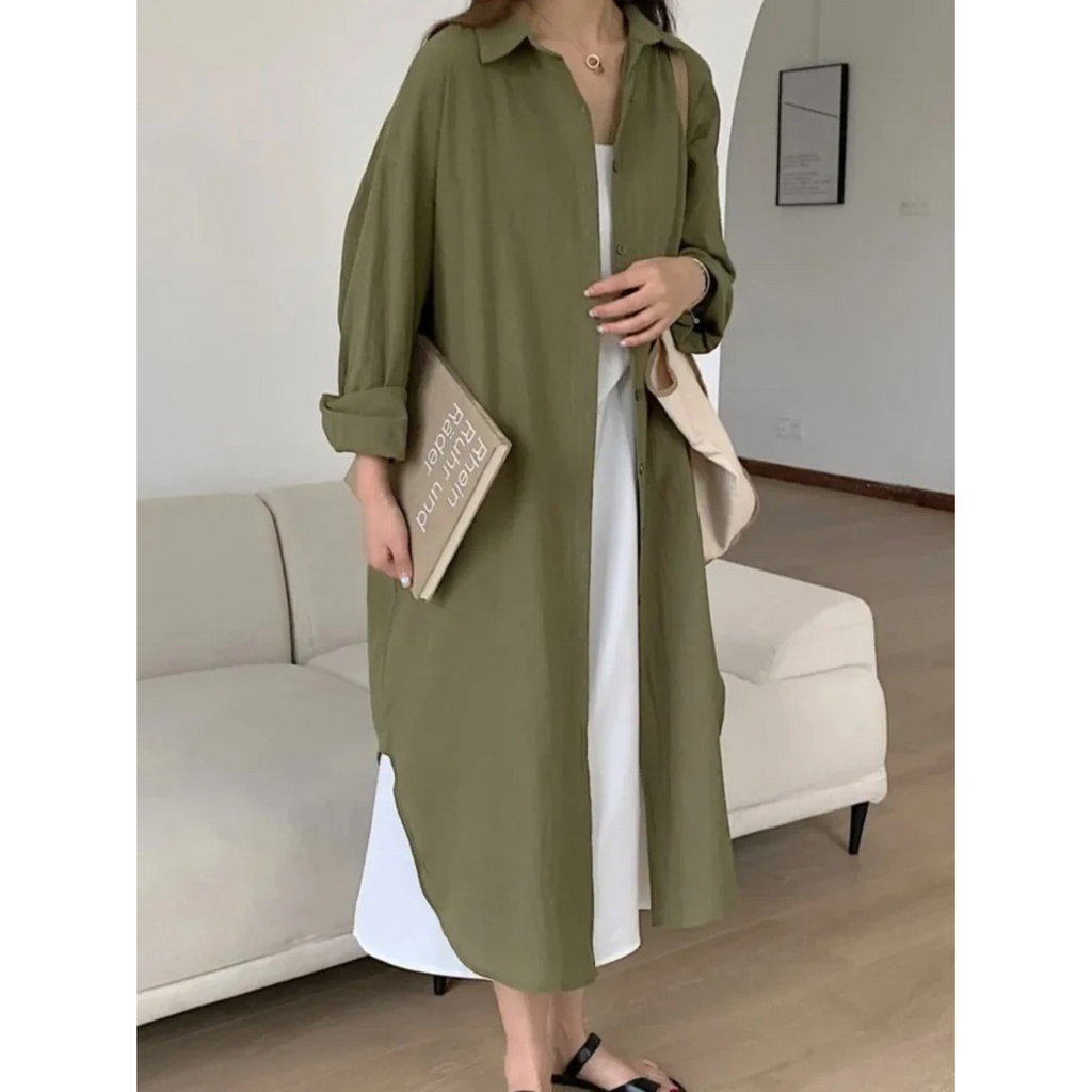 Women’s Elegant Midi Shirt Dress with Relaxed Fit and Button Closure