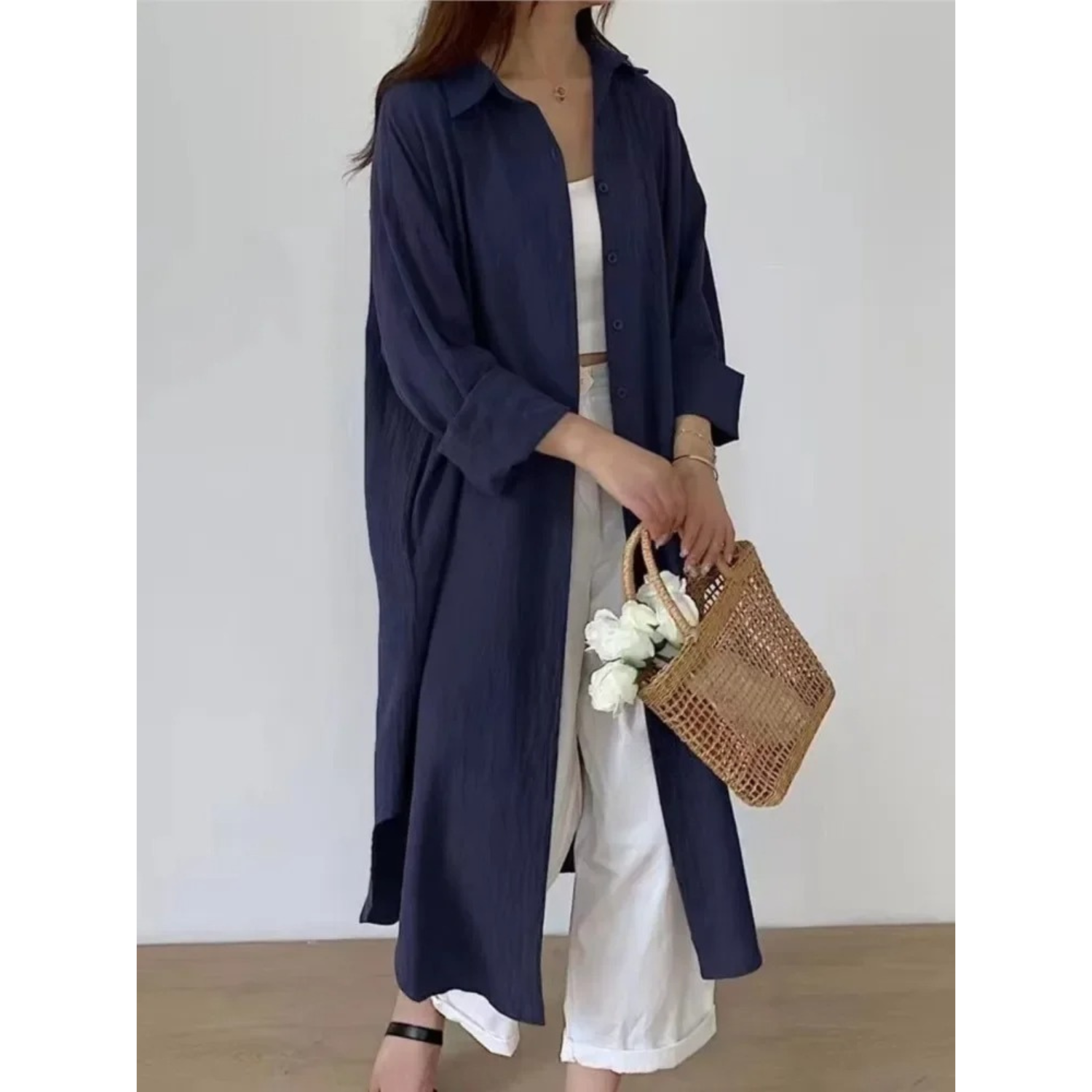Women’s Elegant Midi Shirt Dress with Relaxed Fit and Button Closure