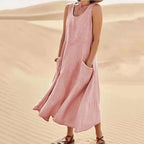 Women's Sleeveless Linen-Look Midi Dress with Pockets