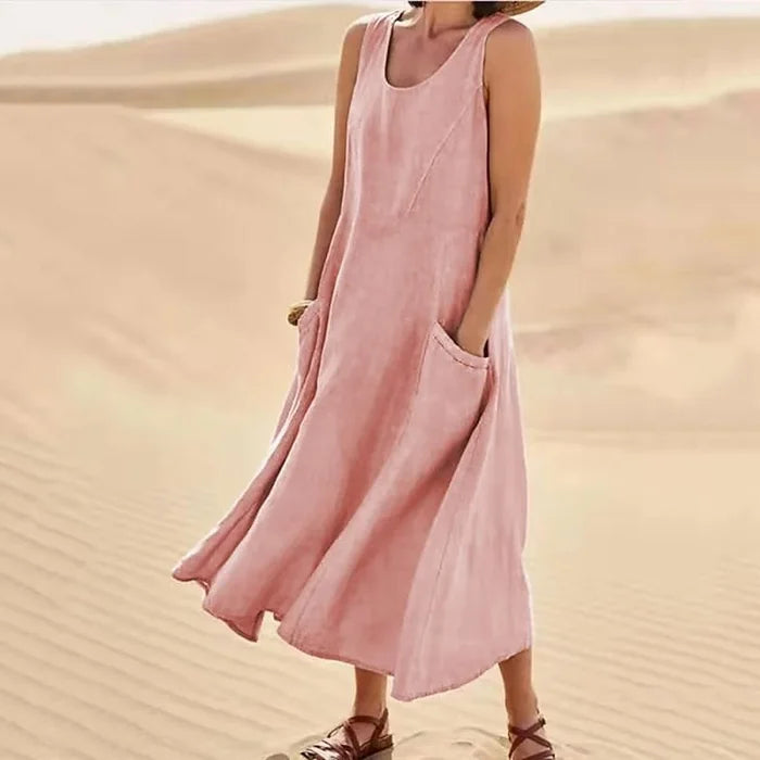 Women's Sleeveless Linen-Look Midi Dress with Pockets