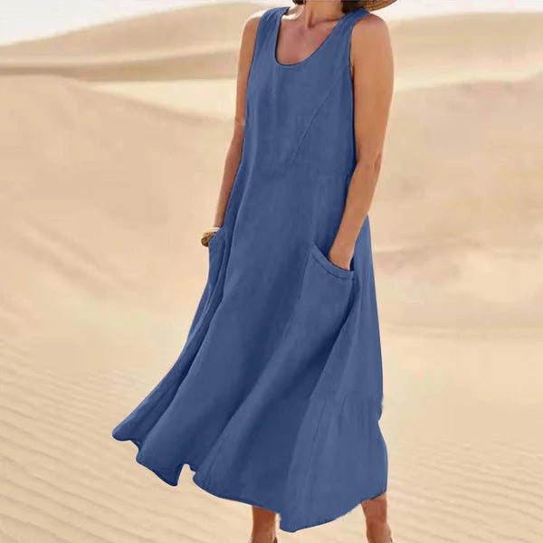 Women's Sleeveless Linen-Look Midi Dress with Pockets