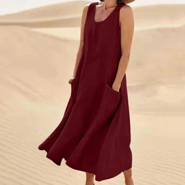 Women's Sleeveless Linen-Look Midi Dress with Pockets