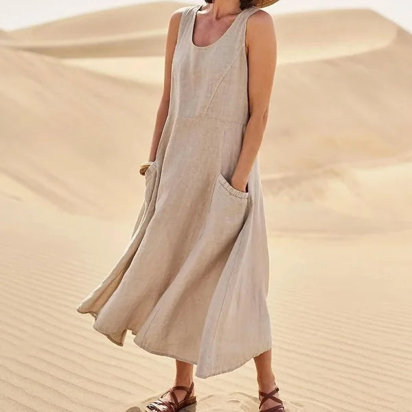 Women's Sleeveless Linen-Look Midi Dress with Pockets