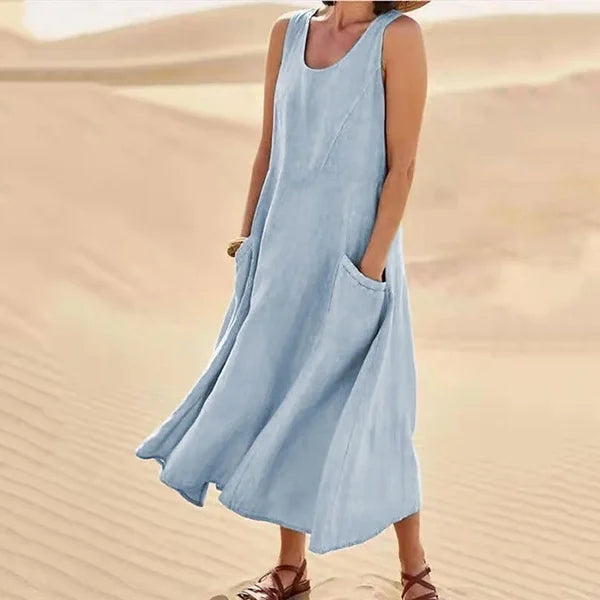 Women's Sleeveless Linen-Look Midi Dress with Pockets