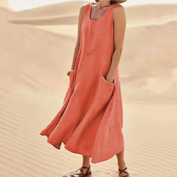 Women's Sleeveless Linen-Look Midi Dress with Pockets