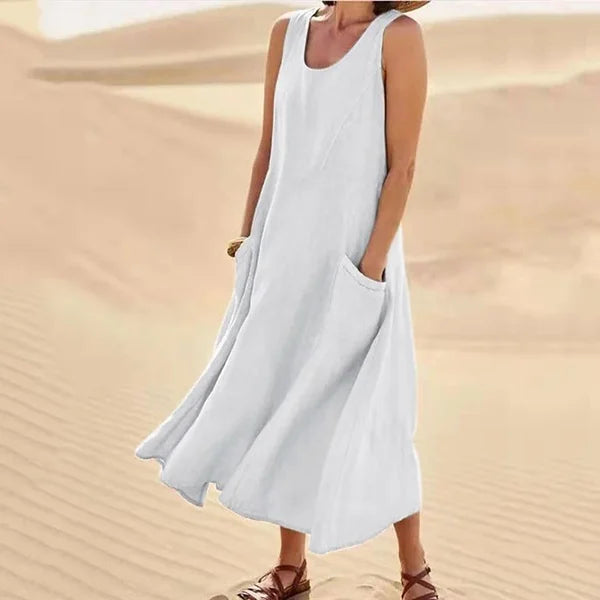 Women's Sleeveless Linen-Look Midi Dress with Pockets