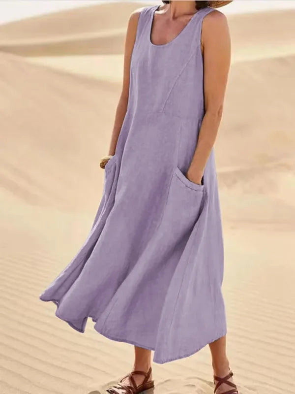 Women's Sleeveless Linen-Look Midi Dress with Pockets