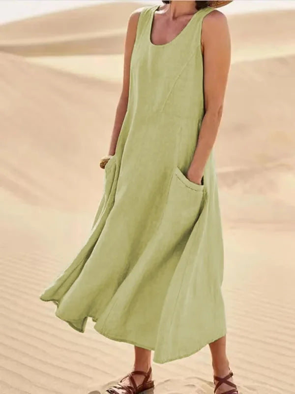 Women's Sleeveless Linen-Look Midi Dress with Pockets