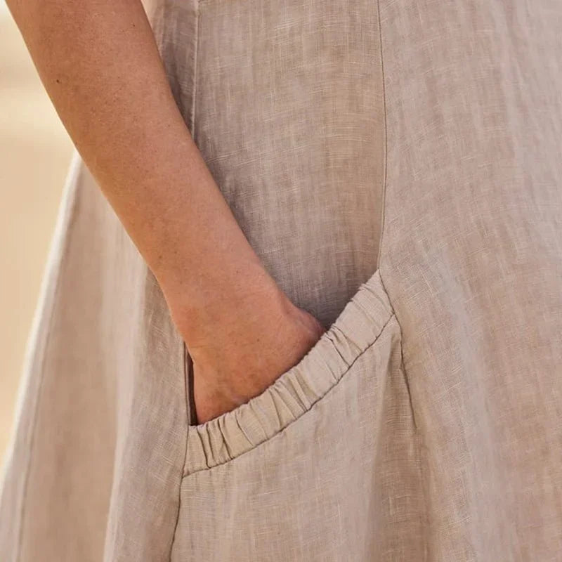 Women's Sleeveless Linen-Look Midi Dress with Pockets
