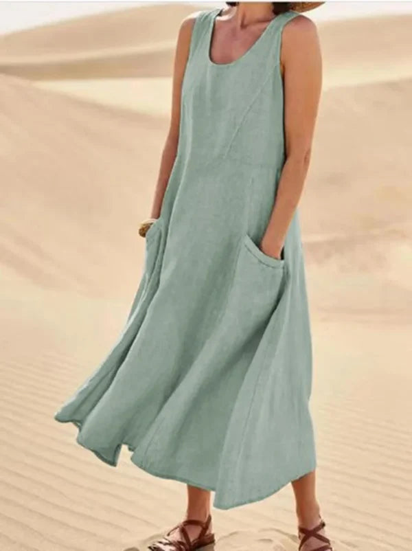 Women's Sleeveless Linen-Look Midi Dress with Pockets