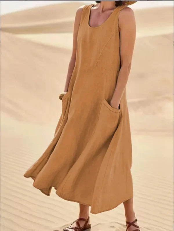 Women's Sleeveless Linen-Look Midi Dress with Pockets
