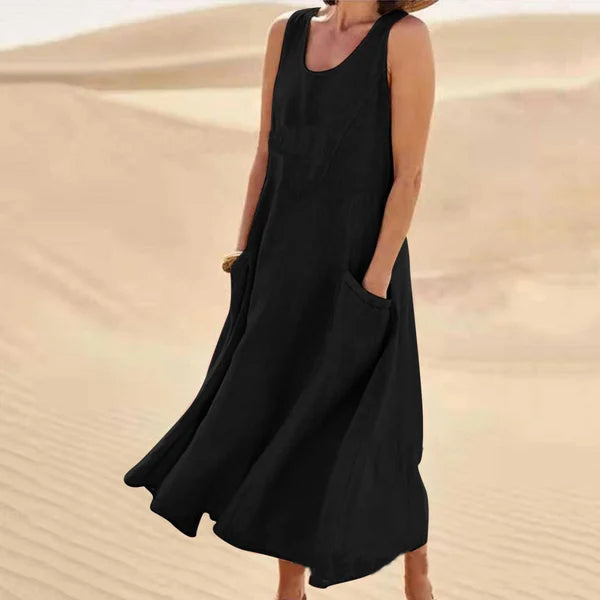 Women's Sleeveless Linen-Look Midi Dress with Pockets