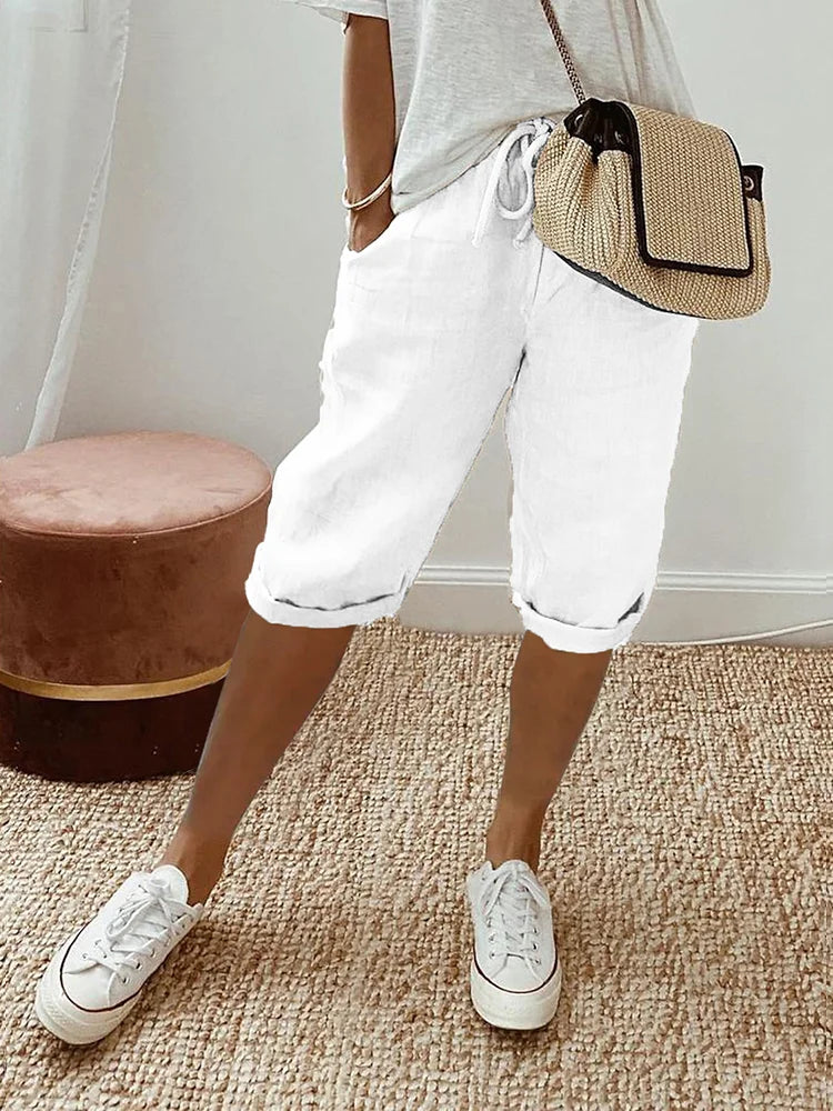 Women's Relaxed Capri Trousers with Drawstring Waist for Summer Wear