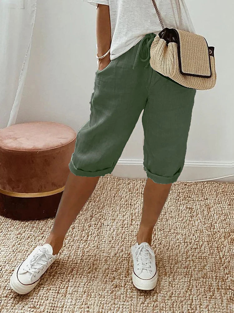 Women's Relaxed Capri Trousers with Drawstring Waist for Summer Wear