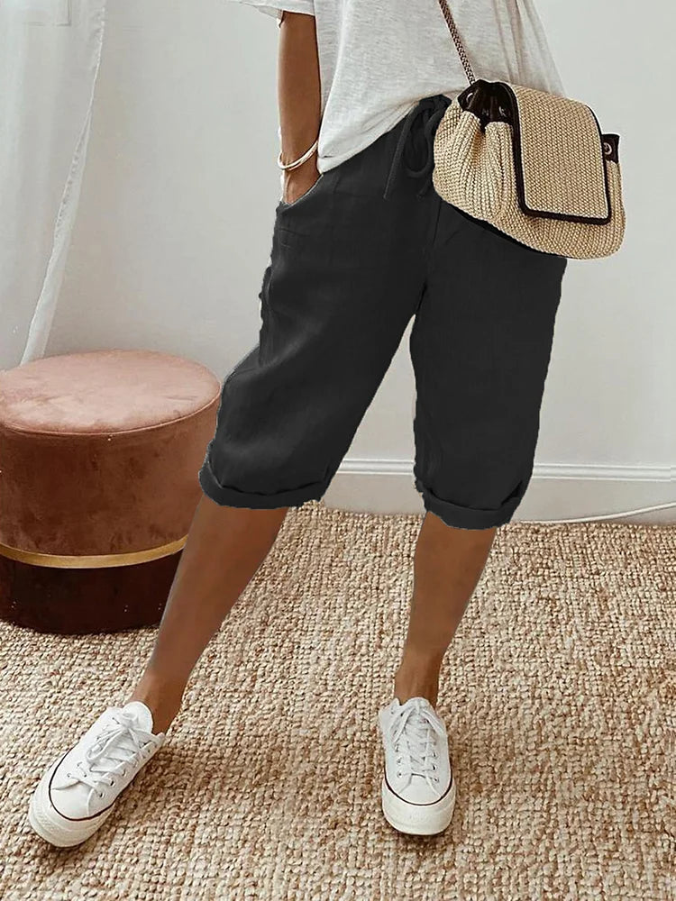 Women's Relaxed Capri Trousers with Drawstring Waist for Summer Wear