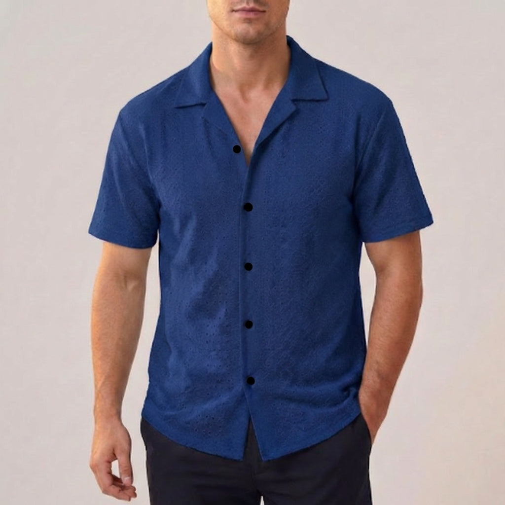 Men's Perforated Cotton Blend Shirt with Short Sleeves and Relaxed Fit