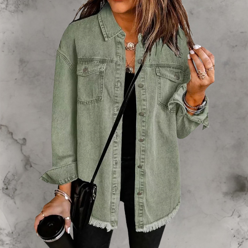 Women’s Relaxed Denim Jacket with Button-Up Front and Classic Fit