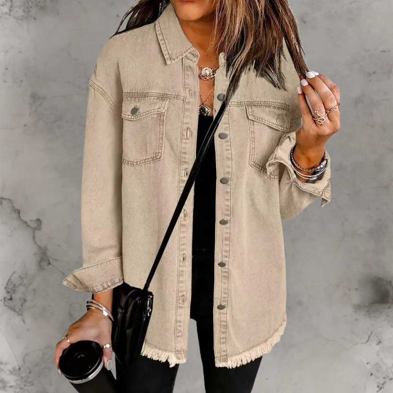 Women’s Relaxed Denim Jacket with Button-Up Front and Classic Fit
