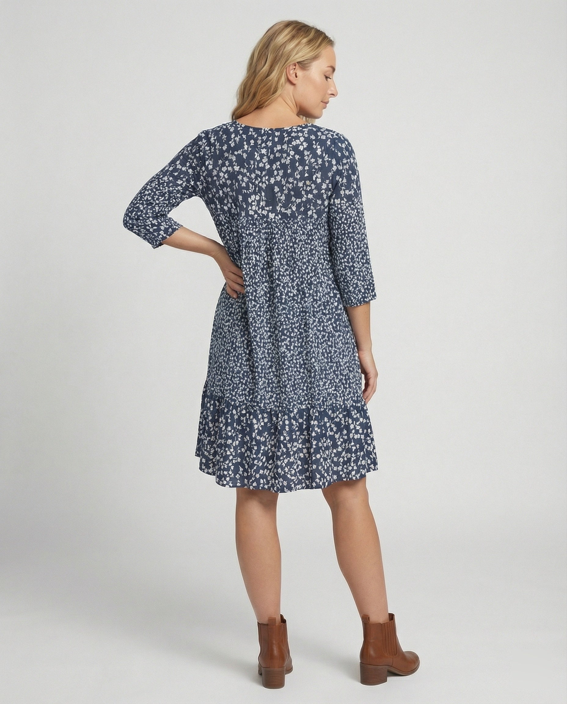 Damen bedrucktes Midikleid mit V-Ausschnitt und bequemer, lockerer Passform