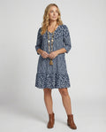 Damen bedrucktes Midikleid mit V-Ausschnitt und bequemer, lockerer Passform