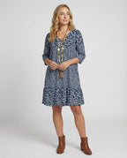 Damen bedrucktes Midikleid mit V-Ausschnitt und bequemer, lockerer Passform