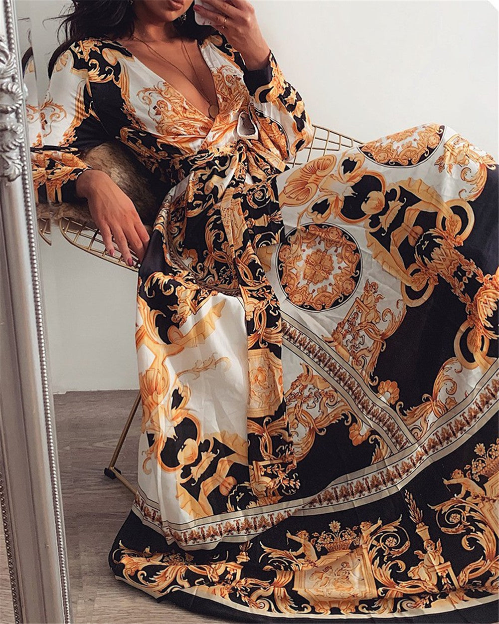 Maxikleid für Damen mit Barockmuster und langen Ärmeln