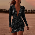 Women's Sequin Mini Dress with Plunging V-Neck for Special Occasions
