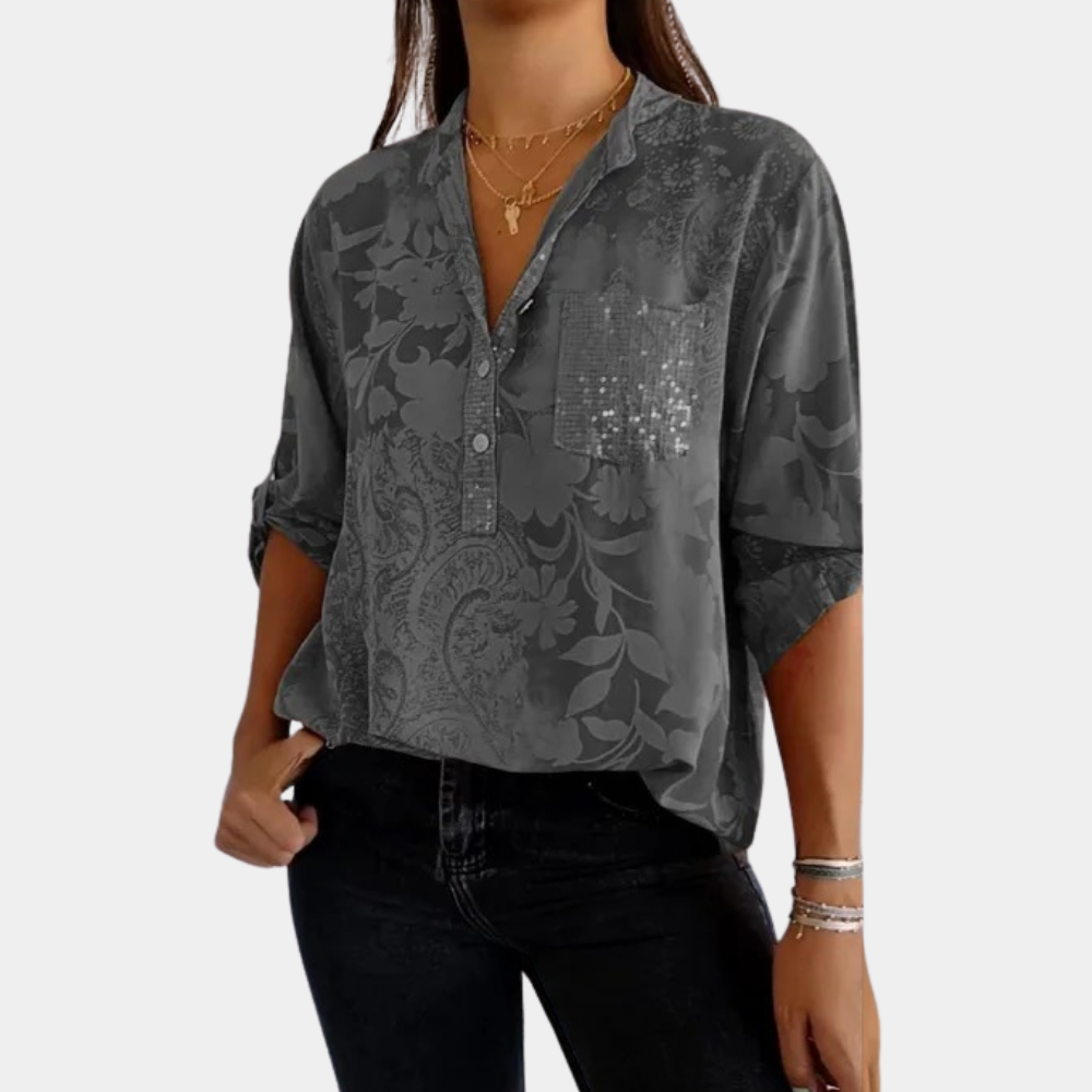Damen Blumen-Print Bluse mit verstellbaren Ärmeln und lockerer Passform