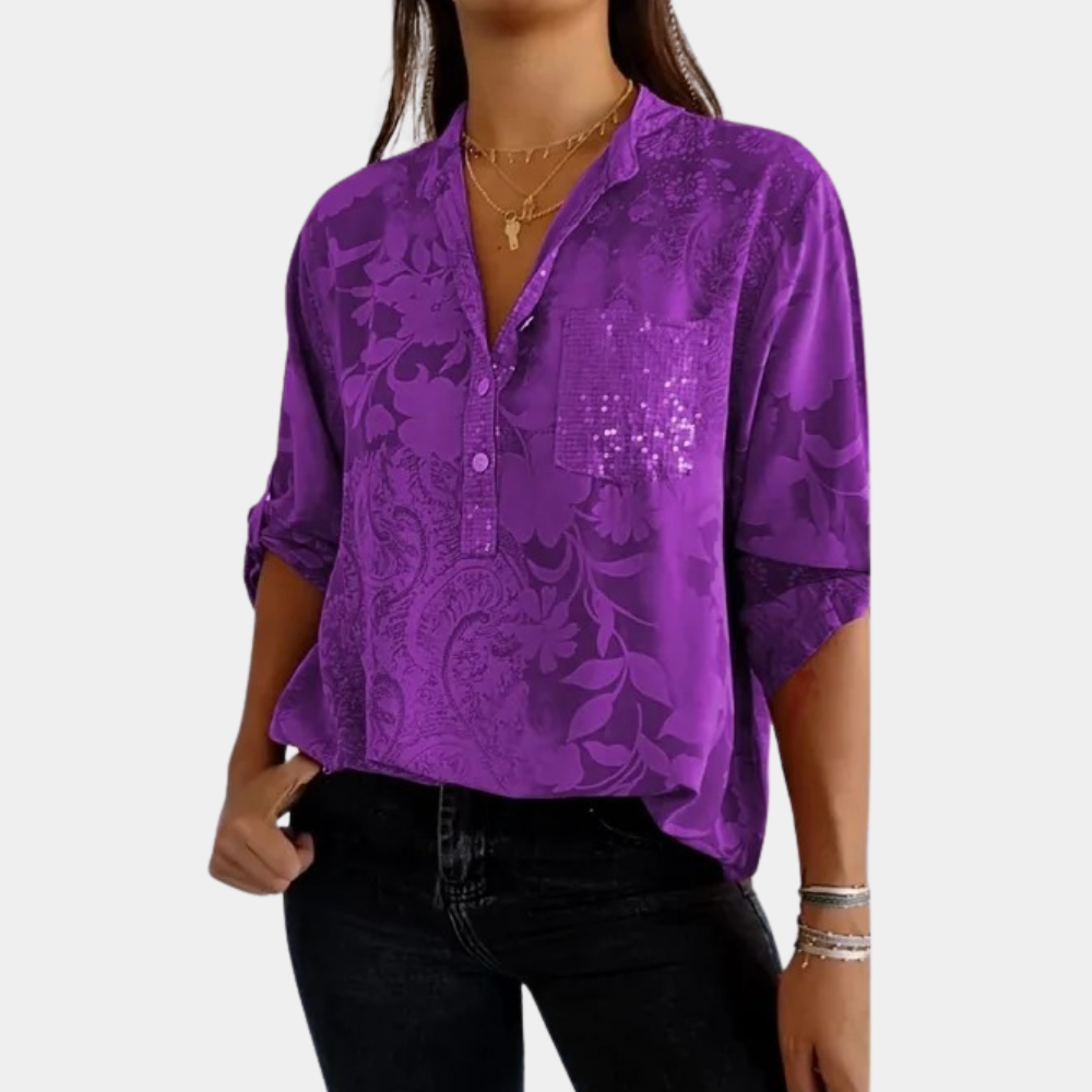 Damen Blumen-Print Bluse mit verstellbaren Ärmeln und lockerer Passform
