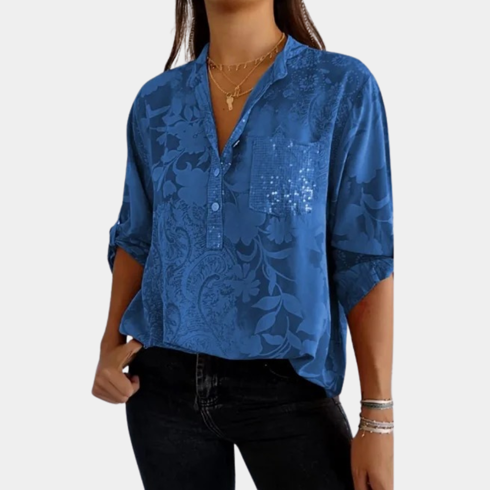 Damen Blumen-Print Bluse mit verstellbaren Ärmeln und lockerer Passform
