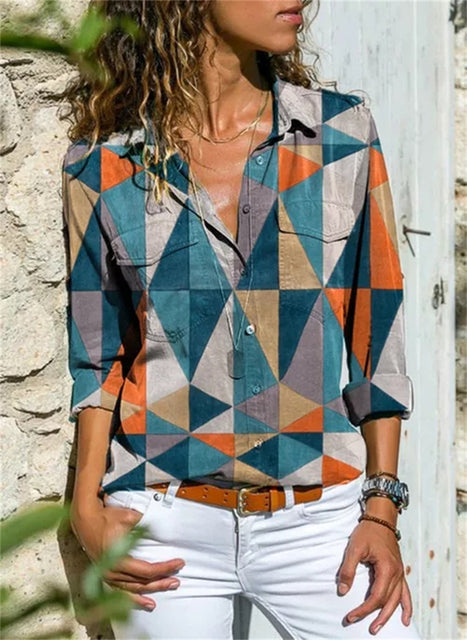 Women's Abstract Print Blouse with Button Front and Long Sleeves