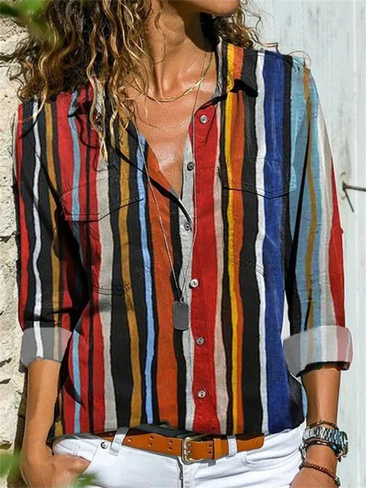 Women's Abstract Print Blouse with Button Front and Long Sleeves