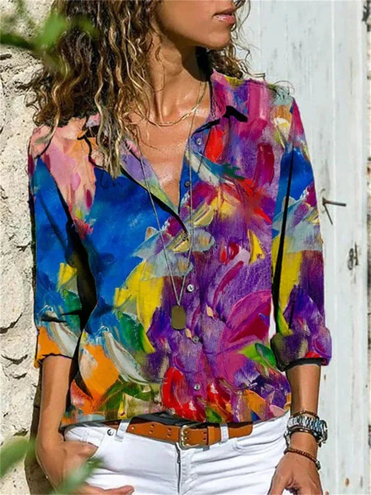 Women's Abstract Print Blouse with Button Front and Long Sleeves
