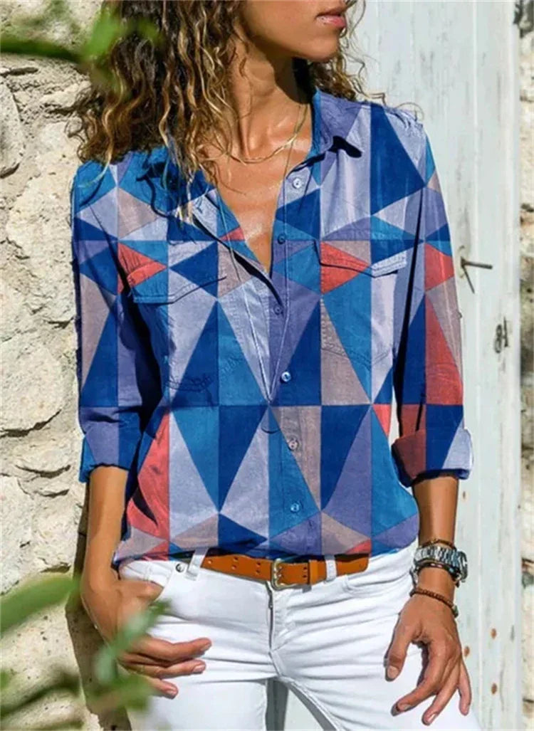 Women's Abstract Print Blouse with Button Front and Long Sleeves