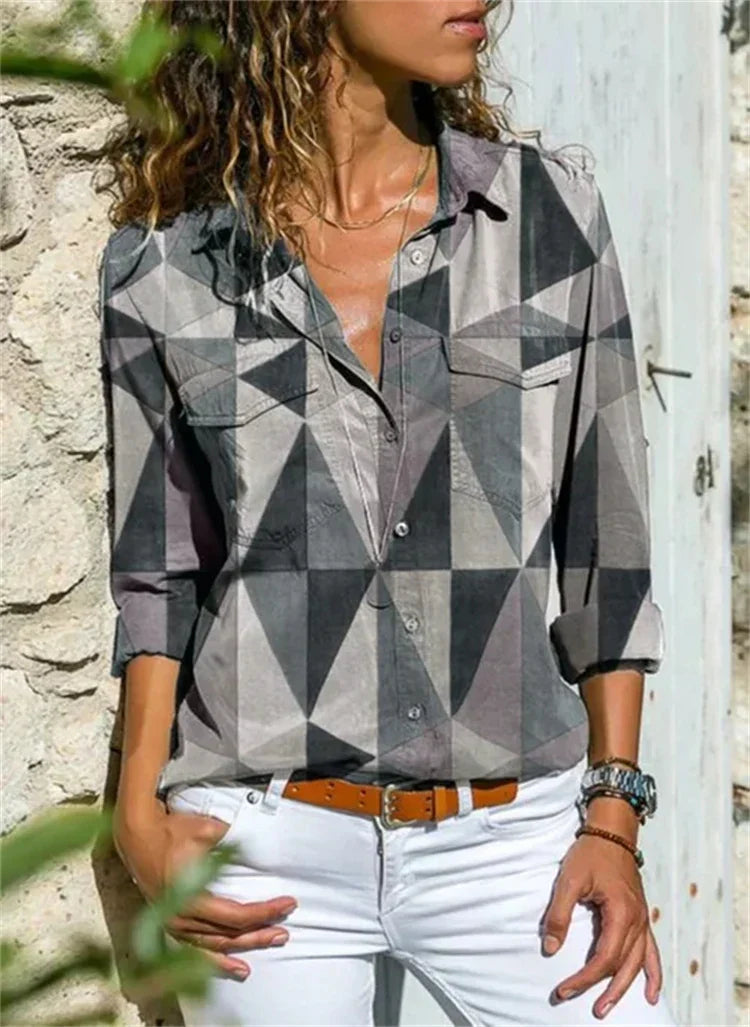 Women's Abstract Print Blouse with Button Front and Long Sleeves