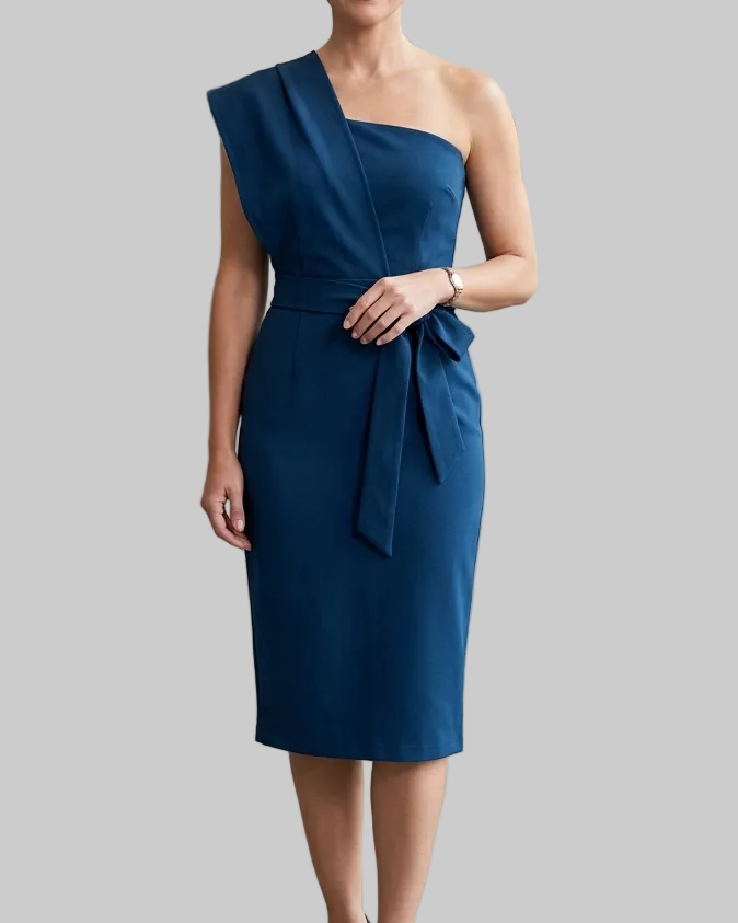 Asymmetrisches Midikleid für Damen mit Taillenschleife für elegante Anlässe