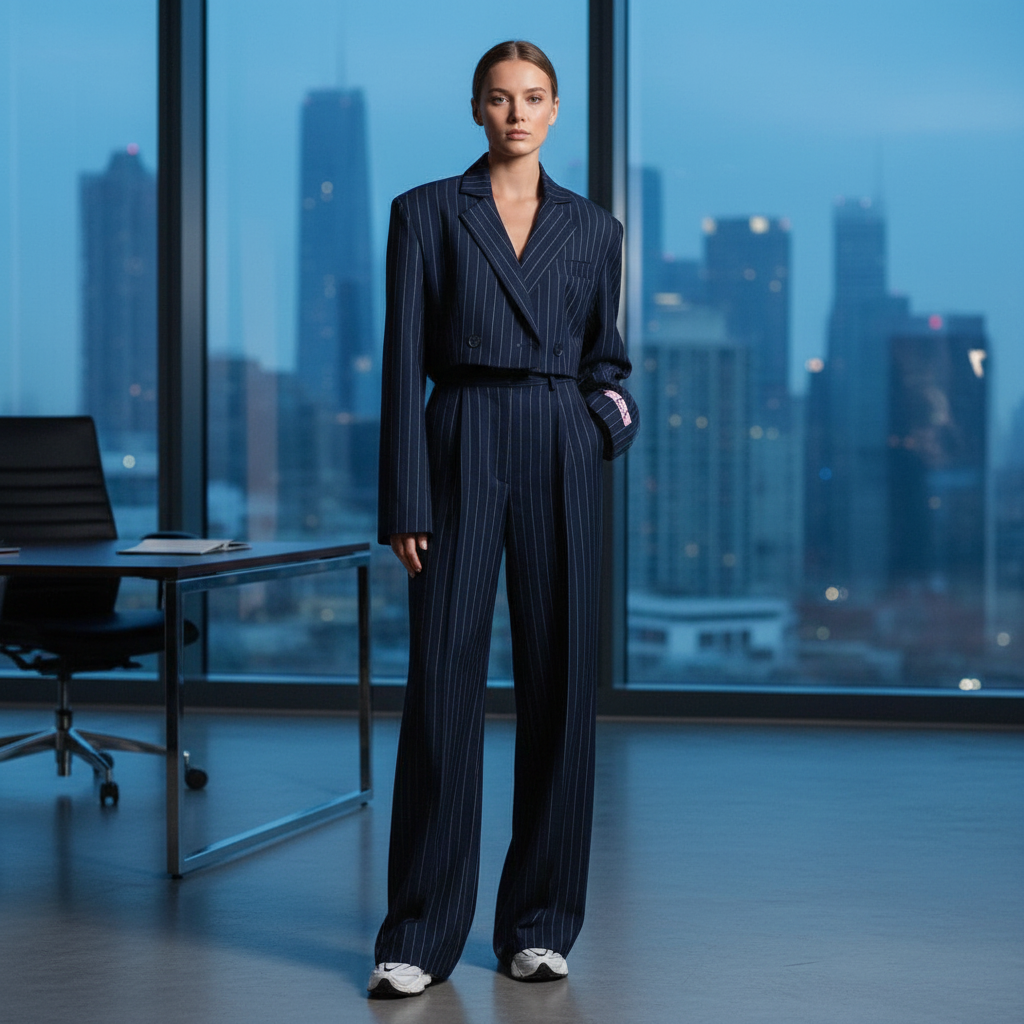 Women's Pinstripe Trouser Suit with Tailored Blazer for Business Wear