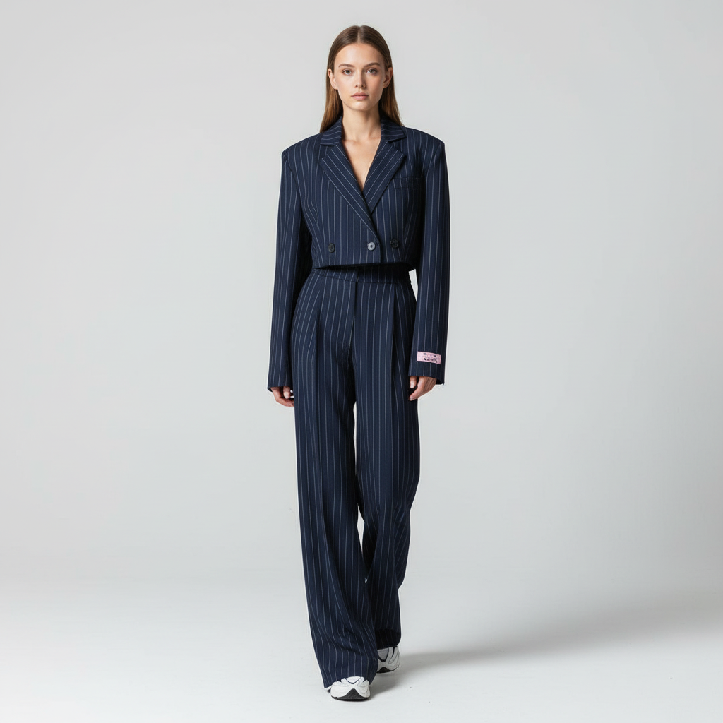 Women's Pinstripe Trouser Suit with Tailored Blazer for Business Wear