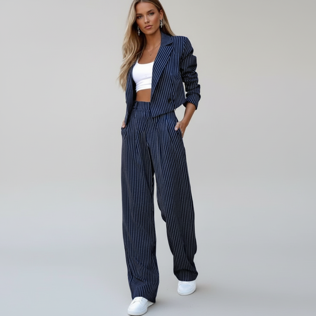 Women's Pinstripe Trouser Suit with Tailored Blazer for Business Wear
