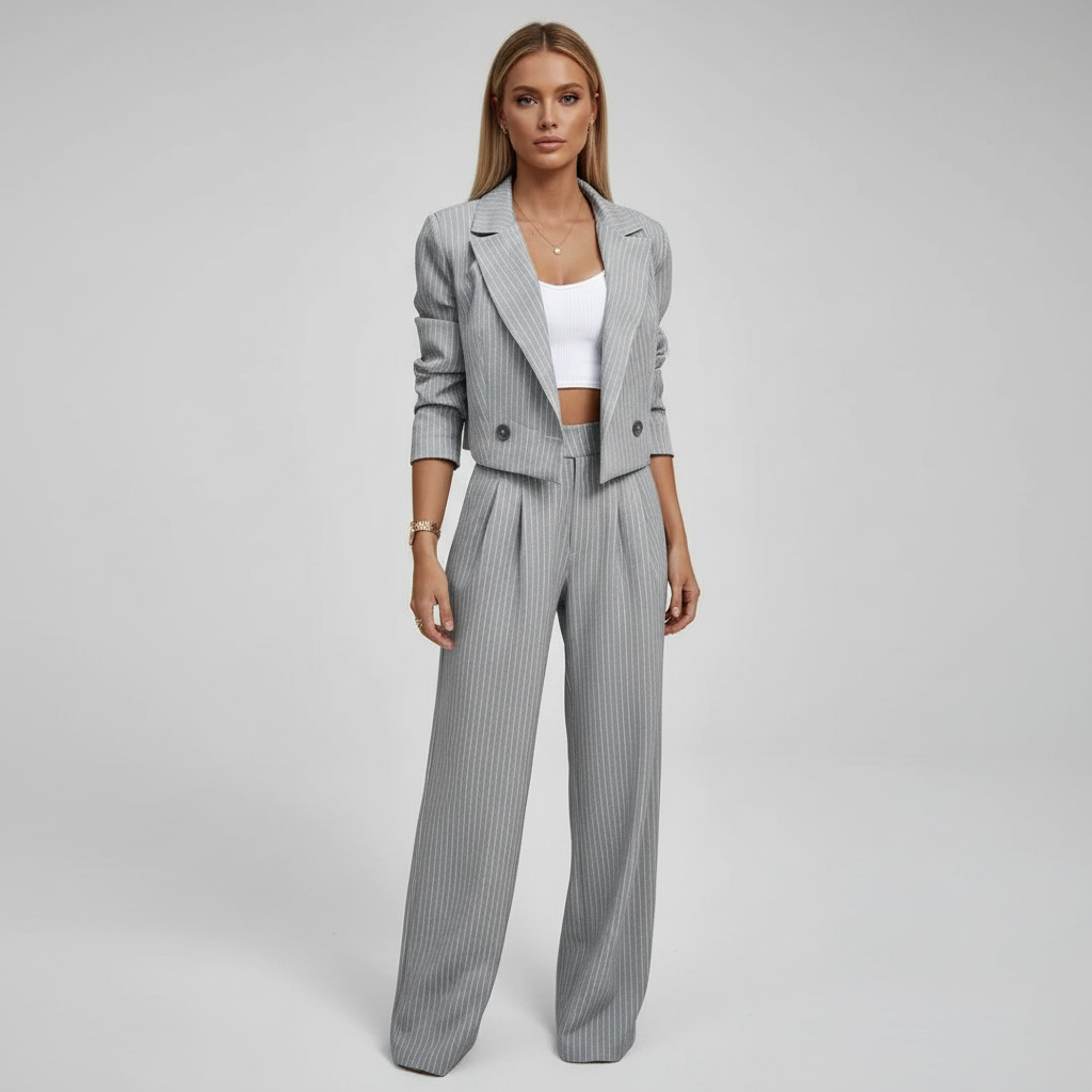 Women's Pinstripe Trouser Suit with Tailored Blazer for Business Wear