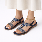 Women's Floral Embellished Flat Sandals with Elastic Back Strap