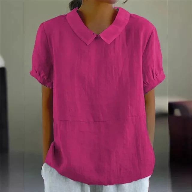 Women's Linen Blend Blouse with Classic Collar and Short Sleeves for Everyday Wear
