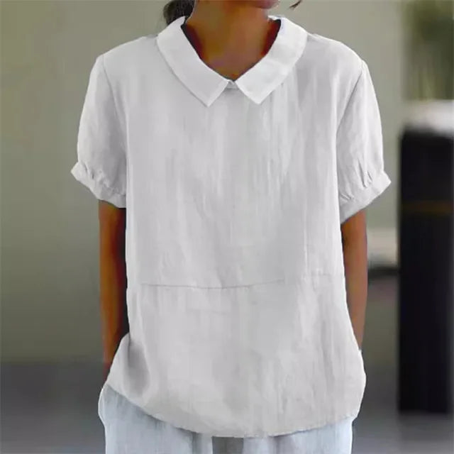 Women's Linen Blend Blouse with Classic Collar and Short Sleeves for Everyday Wear