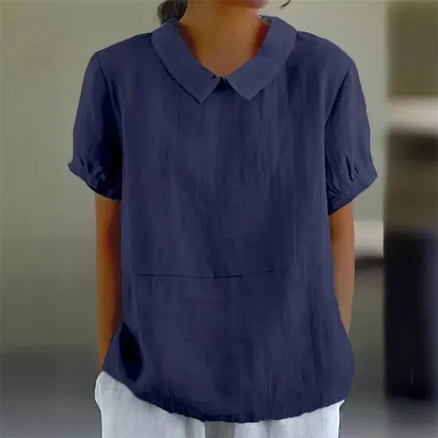 Women's Linen Blend Blouse with Classic Collar and Short Sleeves for Everyday Wear