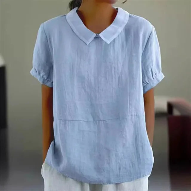 Women's Linen Blend Blouse with Classic Collar and Short Sleeves for Everyday Wear