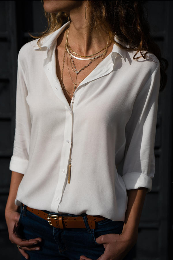Women's Button-Front Blouse with Roll-Up Sleeves for Everyday Elegance