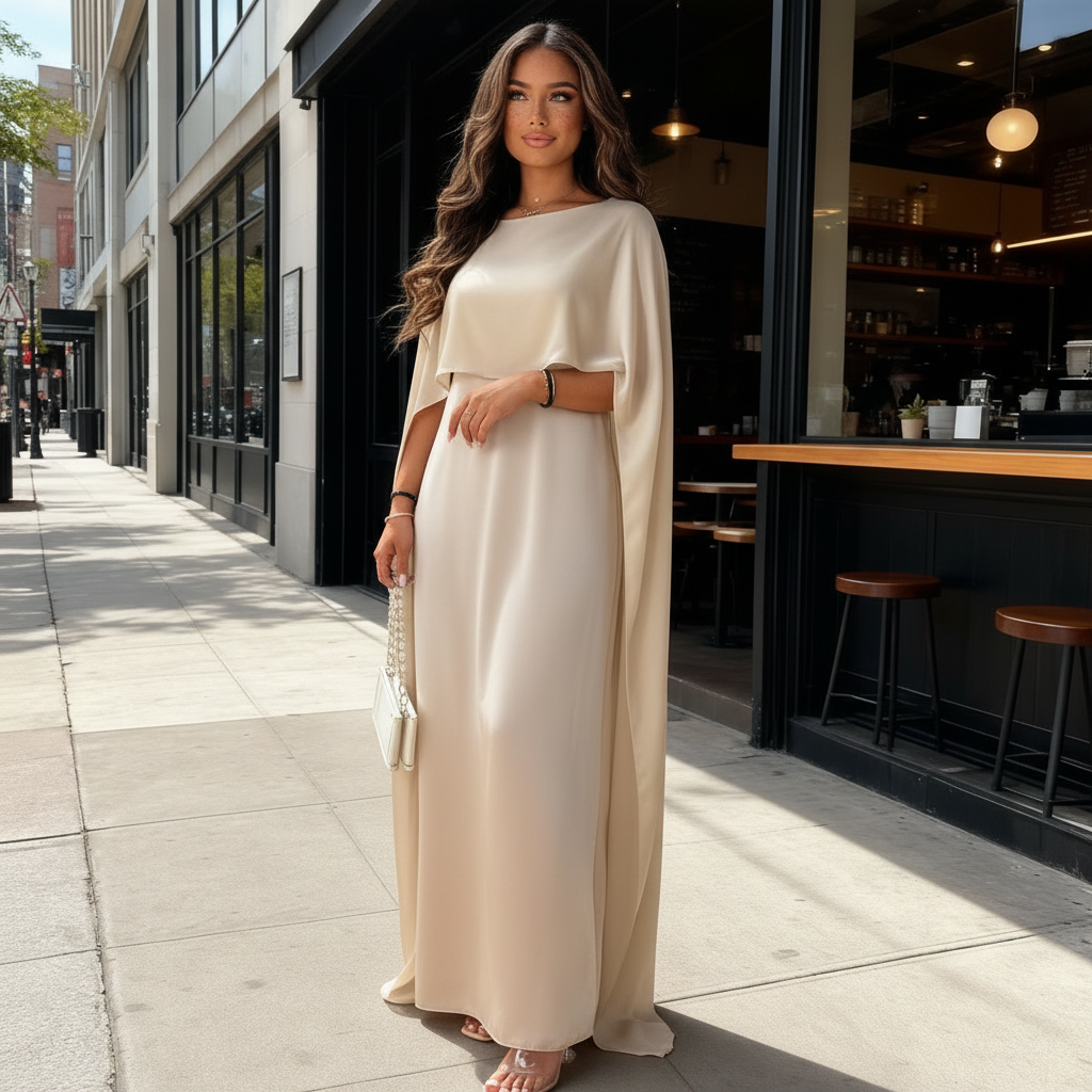 Damen Maxikleid mit Cape-Design und eleganter, fließender Silhouette